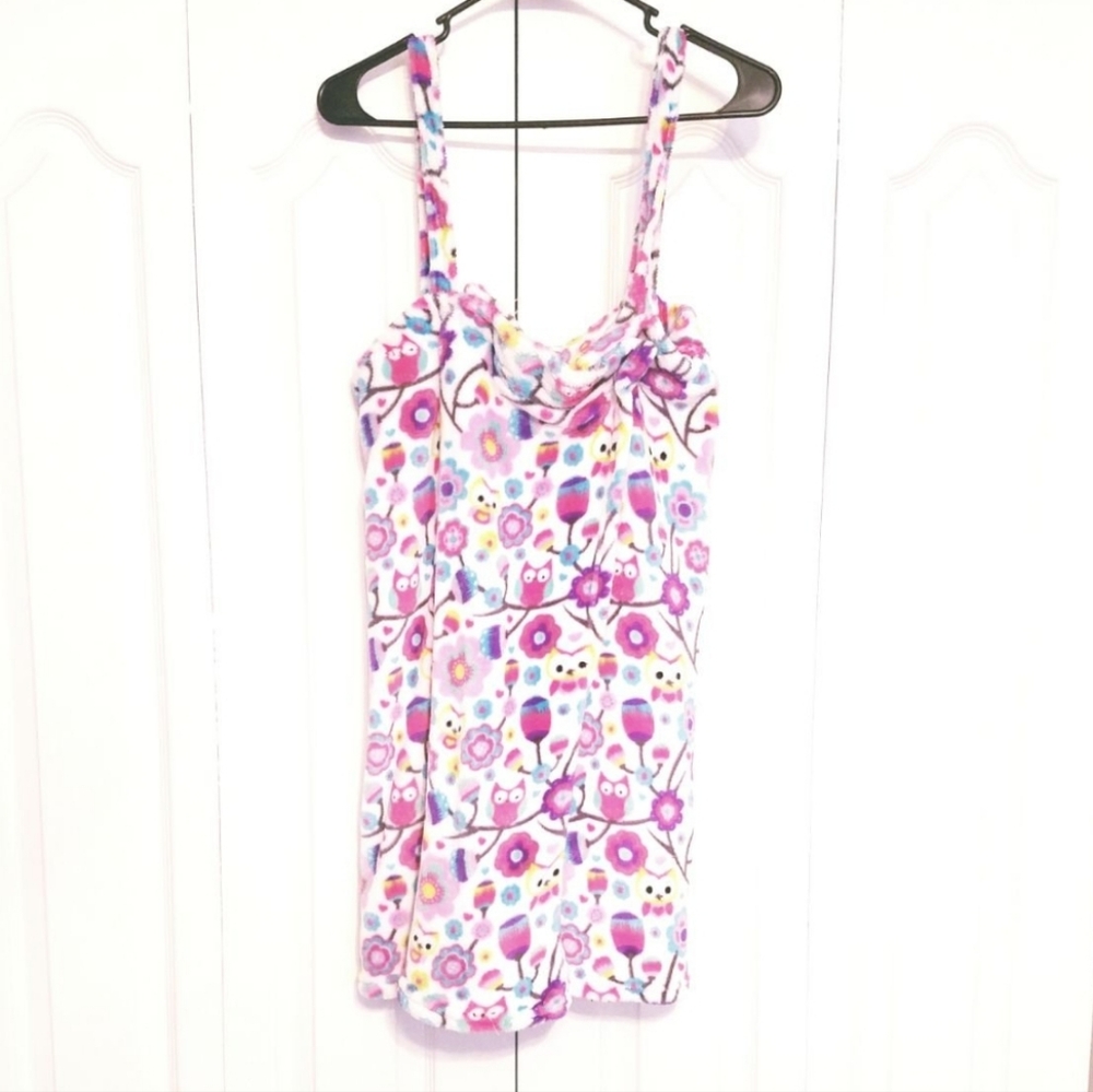 NWOT PAJAMA DRAMA Soft Plush Owl Print Velcro Closure Short Robe